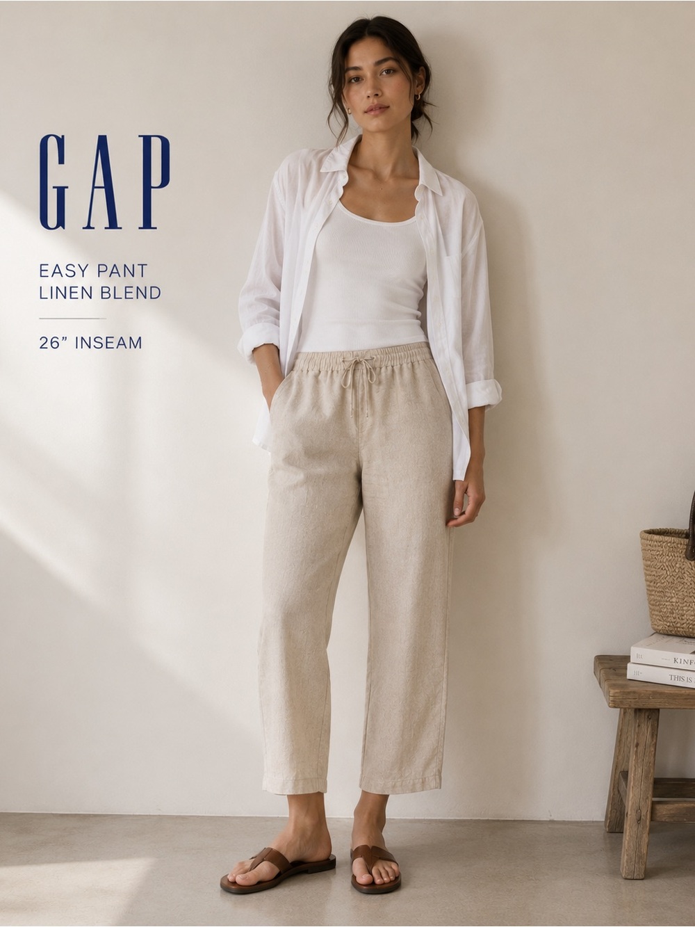 GAP Easy Pant Linen Blend Wide leg Ankle Pants Beige M